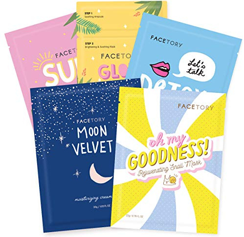 FACETORY K Beauty Face Mask Skin Care - CLASSIC 5 COLLECTION Sheet Mask Set | Natural Premium Korean Face Mask For All Skin Types - No Sulfates No Parabens (5 pc)