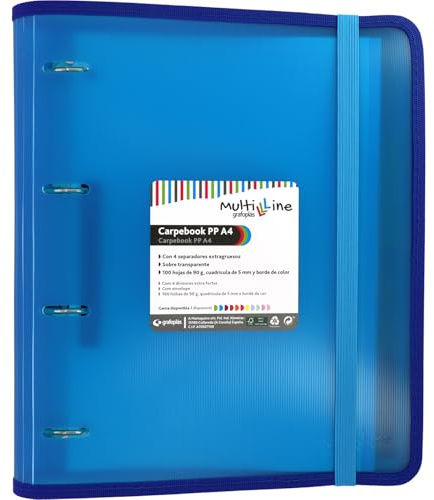 Grafoplas - Carpeta de 4 Anillas Troqueladas, Incluye Recambio de Hojas Cuadriculadas 5x5 Bordes Color y Separadores, A4, Color Azul, Polipropileno Rayado, Carpebook Multiline