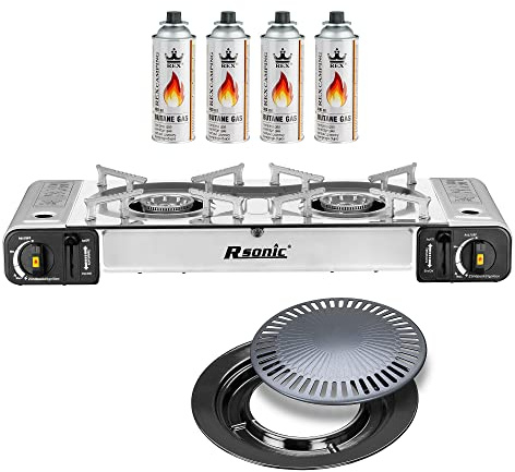 Mianova Campingkocher Doppel Gaskocher 2 flammiger Shisha Anzünder Grill Notfallkocher Kühltasche Gaskartuschen Gas Kocher Set Silber Grillplatte 4 Gasflaschen