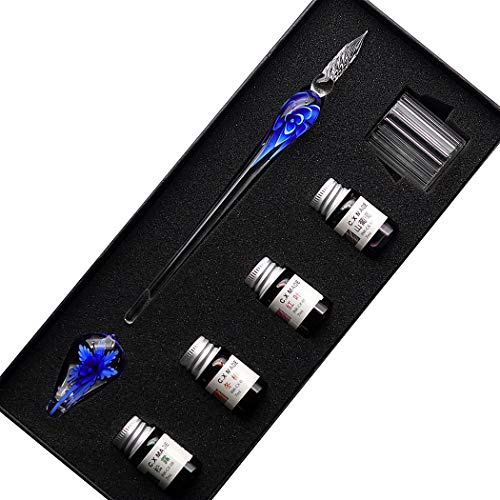 SIPLIV fatto a mano cristallo vetro intarsia dip penna stilografica kit calligrafia firme penna con 4 colori inchiostro, portapenna, tazza di pulizia, blu scuro