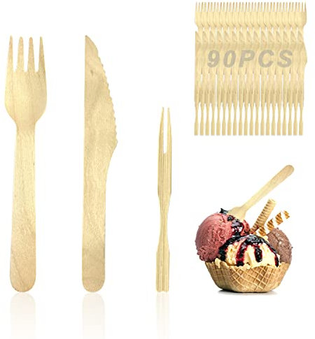 90 pezzi di posate in legno usa e getta, inclusi 30 pezzi di coltelli in legno, 30 pezzi di forchette in legno, 30 pezzi di bastoncini di frutta in bambù, posate usa e getta, ecologiche, compostabili