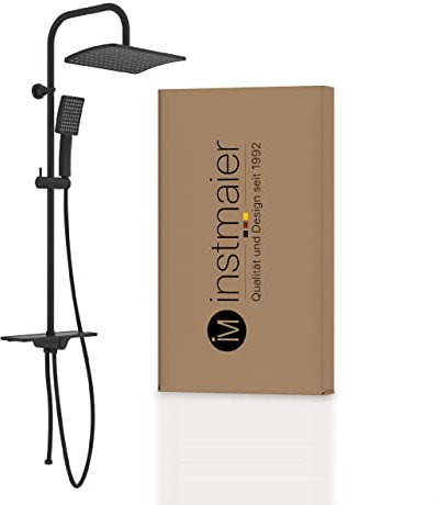 instmaier Duscharmatur DS4 | schwarzes Duschset mit großem Duschkopf | Handbrause mit 3 Funktionen | praktische große Ablage | Duschgarnitur ohne Thermostat