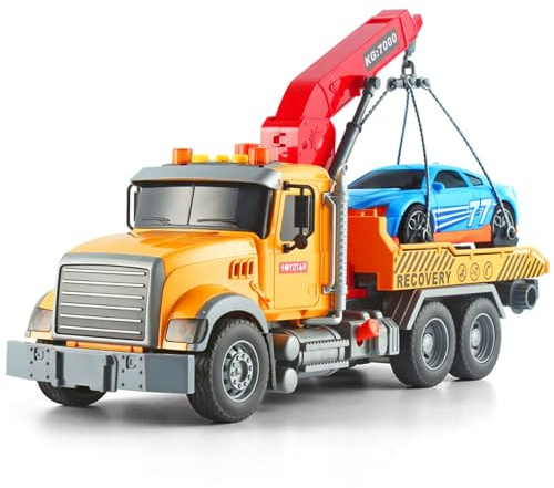 Dwi Dowellin Kids Toys for 3 4 5 6 7 Years Old Boys, 15 Large Tow Truck Toy,Friction Powered Transport Truck Crane Toy with Lights and Sounds,with Roadster,Toddlers Gifts
