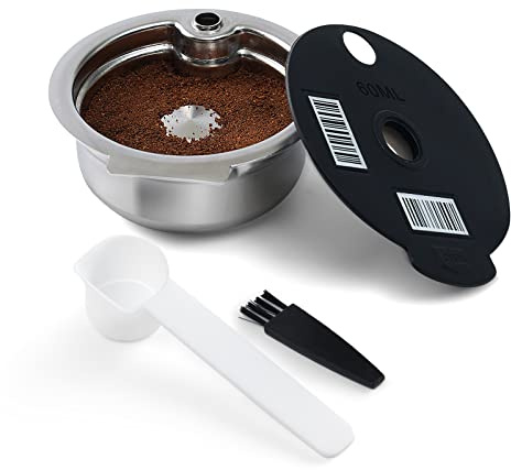 RECAFIMIL Wiederverwendbare Kaffeekapseln 60 ml mit schwarzem Silikondeckel, nachfüllbarer Edelstahl-Kaffeekapselfilter, kompatibel mit Bosch Tassimo Maschinen