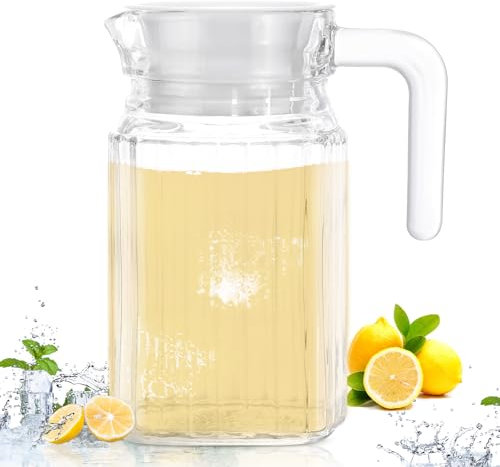 Gejoy 2 brocche in vetro con coperchio, brocca da frigorifero con manico, caraffa per acqua in vetro, pratici contenitori per succhi, facile da usare, caraffa per limonata, tè freddo, cocktail, acqua