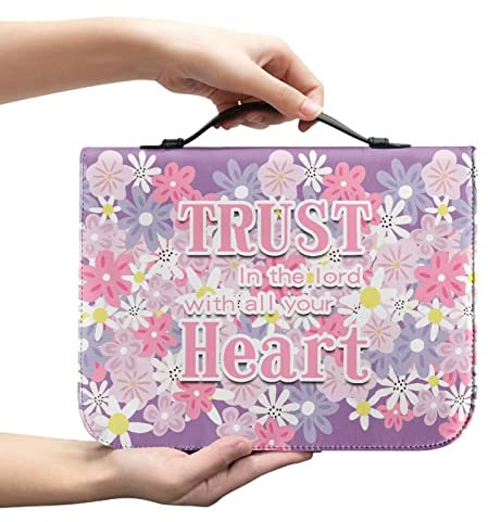 ZIATUBLES Bibelhülle mit großer Kapazität für Frauen Mädchen Männer, Trust in The Lord with All Your Heart-Lila Muster, PU-Leder Bibeltasche mit Griff, klassischer Bibelschutz, M