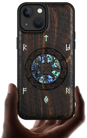 Carveit Handyhülle für iPhone 15（Dunklesholz-Vegvissir Wikinger） | Cover Holz Case kompatibel MagSafe [Holzgravur & Muschel inlay] Magnetisch für iPhone 15 Handyhulle TPU