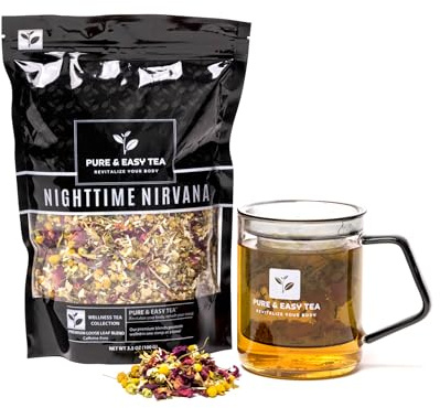 Pure And Easy Tea, Nighttime Nirvana, Natural Sleep & Relaxation Tea, Caffeine-Free Loose Leaf Blend with Chamomile, Lavender & Lemon Balm, Premium Wellness Tea, 30-Day Supply, 100g