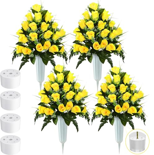 Crowye 4 Sets Artificial Cemetery Flowers for Grave with Vase 96 Heads Rose Bouquet Decoration Arrangement Silk Memorial Flowers for Headstones Gravesite Memorial Day(Yellow)