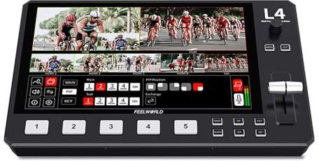 DIERI L4 Multi-Format Video Mixer Switcher with 10.1 Inch Touchscreen Built-in Cooler 4 x HDMI Input + 1 x USB3.0 Output for Live Stream E-Sports Competition Interview Education