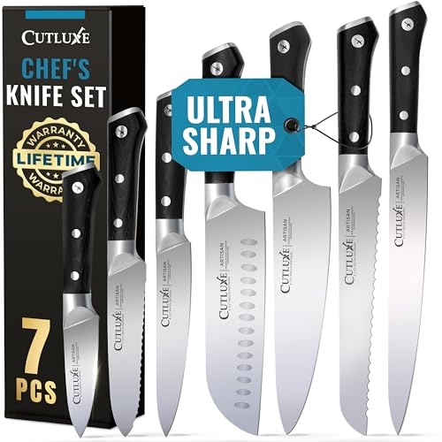 Cutluxe Chef Knife Set, 7 PCS Professional Chef's Knife Set – Razor Sharp German Steel, Full Tang, Ergonomic Handles – Artisan Series