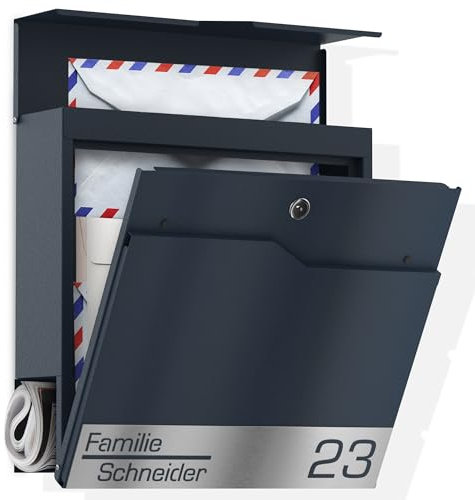 Graviers Design Briefkasten in Anthrazit RAL 7016 - Postkasten personalisiert Edelstahl Namen Schild Hausnummer Laserschnitt Gravur - mit Schloss Zeitungsfach