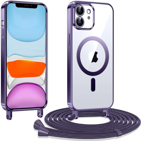 Kokio Handykette Hülle für iPhone 11 mit Band, Magnetische Transparent Handyhülle Kompatibel mit MagSafe, Kratzfeste Stossfest Schutzhülle mit Einstellbar Kette,Lila