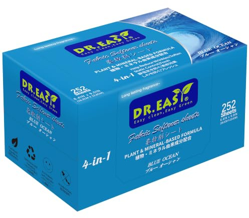 DR.EASY Dryer Sheets Plant Based Formula 252 Ct BLUE OCEAN,Softener sheets for Laundry Unscented No Dyes Reduce Static & Wrinkles Help Repel Pet Hair