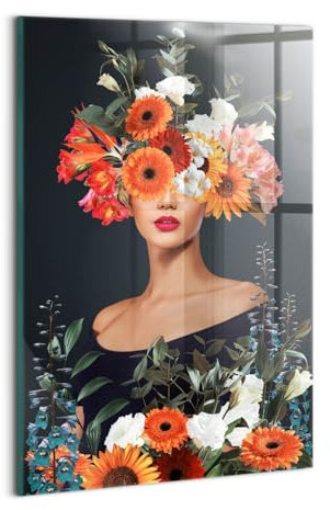 Wallfluent Glasbild Mit Motiv Gehärtetes Glas Bild Dicke 4mm 20x30cm Wanddekoration Für die Küche Badezimmer und Schlafzimmer Wandbild - Frauenkopf in Blumen