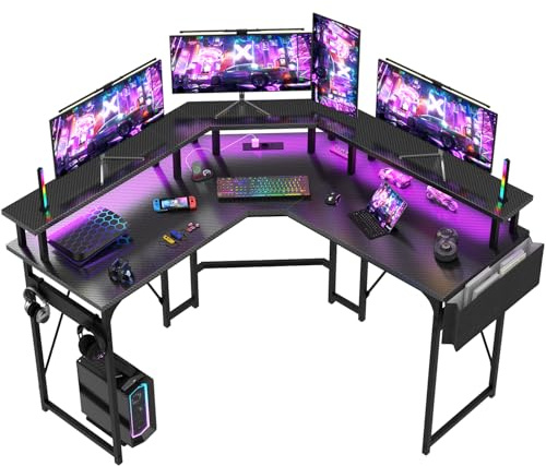 Devoko L Shaped Desk with Power Outlets，LED Corner Gaming Desk Corner Desk with Shelves, Large PC Writing Table for Home Office Bedroom,Monitor Stand, Hooks, Carbon Fibre Black