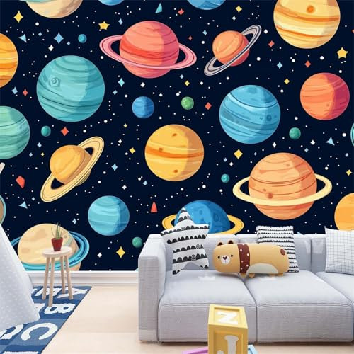 Fototapete Cartoon-Planeten 350 x 256 cm Weltall Tapete Wandtapete Wanddeko Design Mustertapete Wand Dekoration Wohnzimmer Schlafzimmer Büro Flur