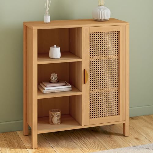 IDMarket - Buffet d'appoint 3 étagères et Placard 70 cm EDHEN Bois et cannage