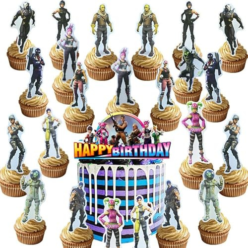 Spiel Thema Geburtstag Tortendeko,Cupcake Toppers, Kuchendekoration für Videospiele, Happy Birthday Kuchen Dekoration Spiel Partei Liefert für Kinder Mädchen Junge Party Kuchen,25 Stück