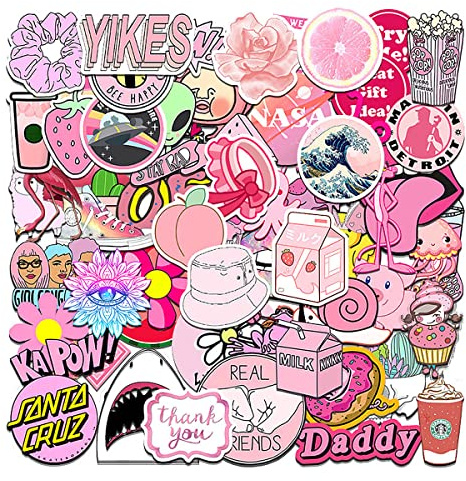 Lotsdonxia 100PCS Trendy, Waterproof VSCO Scrapbook Stickers in Pink and Cute Designs for Girls, Kids, Luggage, and Laptops