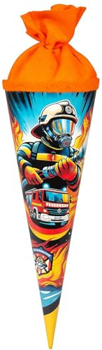 goldbuch 93160 Geschwistertüte Feuerwache, Tüte 35 cm Ø 11,5 cm, Rot Orange | Kleine runde Zuckertüte aus Lackkarton mit Motiv Feuerwehrmann, Geschenktüte mit orangem Filzverschluss (ohne Verschlussband)