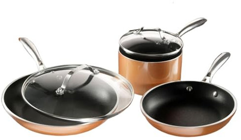 HJZSZX Juego de ollas y sartenes de cobre fundido de 5 piezas con superficie de cobre antiadherente con triple revestimiento y composición de aluminio para un calentamiento uniforme, 5 piezas, una