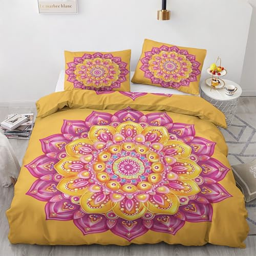 Bettwäsche 155x220 Boho-Mandala Motiv - Gelb Rosa Indisch Bettbezug und 1 Kissenbezug 80x80, Weiche Bügelfreie Mikrofaser Deckenbezug 2er Set mit Reißverschluss, Wendebettwäsche & Deko M&-6971