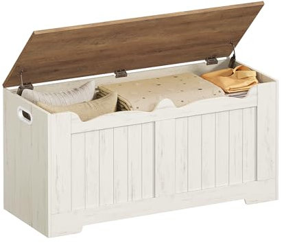 Hzuaneri Storage Chest, Storage Trunk with 2 Secure Hinge, 100 cm Lift-Top Storages Bench, Wooden Storages Organizer, Shoe Bench for Entryway, Bedroom, Living Room, White and Brown SB01014B