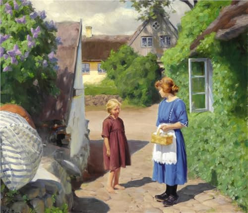 HRJUBWREE Berühmte Gemälde Druck Leinwand Malerei Bilder Wandgemälde Sommertag in Jyllinge. Blühender Flieder und kleine Mädchen in der Dorfstraße Hans Brendekilde für Wohnzimmer Dekoration 60x90cm