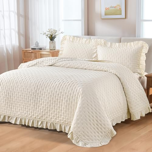 WONGS BEDDING Colcha de 240 x 260 cm, color beige, 3 piezas, incluye 2 fundas de almohada de 50 x 75 cm