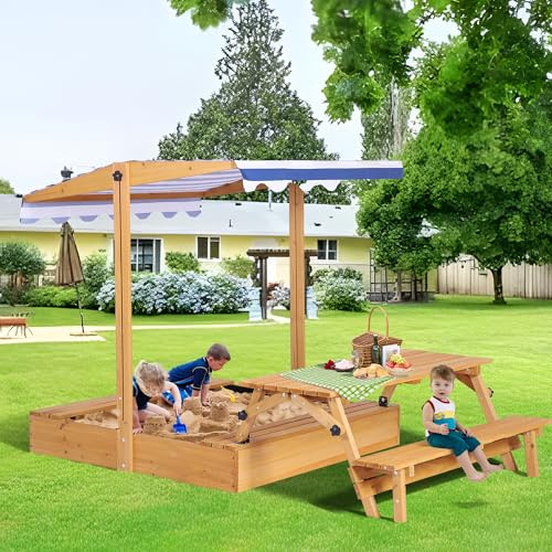 Dephet Kids Sandbox with Lid, Outdoor Wooden Sand Boxes with Kids Picnic Table, Sandpit with Cover Canopy, Toddler Outdoor Playhouse with 2 Bench, Adjustable Roof & Bottom Liner for Backyard, Beach