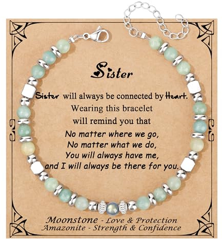 JOYELL Bracelets for Sister - Adjustable Moonstone Sister Bracelets Inspirational Message Card for Womens - Amazonite & Stainless Steel Bracelet for Sister Birthday Party Anniversary