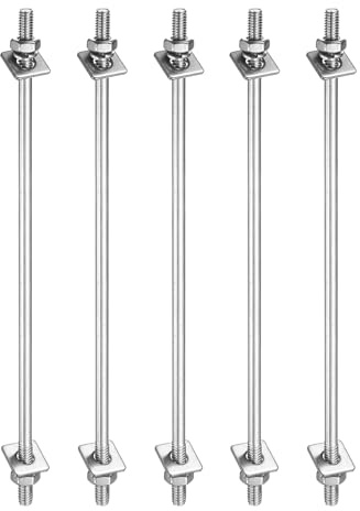 sourcing map 5 bulloni filettati a doppia estremità M4 x 140 mm, in acciaio inox 304, con dadi, rondelle piatte quadrate e rondelle elastiche per la manutenzione della casa, tono argento