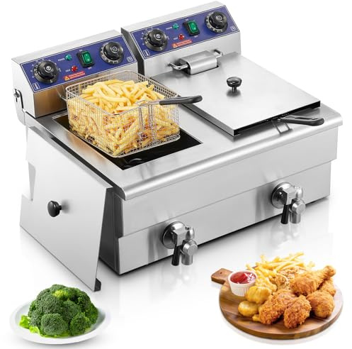 FOHERE Commercial Deep Fryer with Basket and Lid, 23.3Qt/22L Electric Deep Fryer with Oil Filtration, Time & Temp Control, 3000W Stainless Steel Deep Fryer Countertop for Kitchen Restaurant
