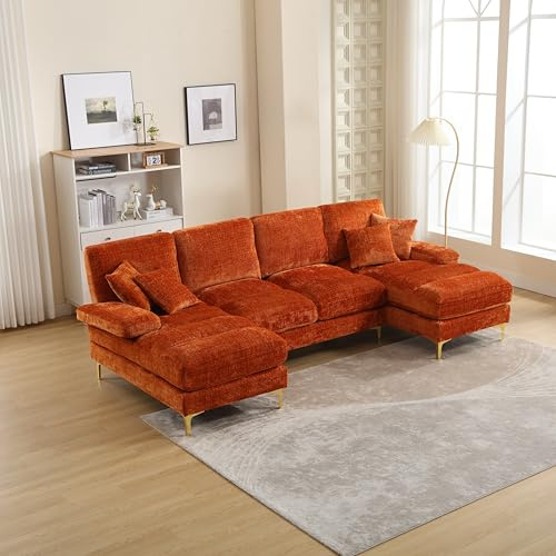MSMOK Sofá seccional moderno de chenilla grande en forma de U con asientos dobles para salón, dormitorio, oficina, apartamento, villa, sala de estar, hogar, junto a la chimenea, (naranja)