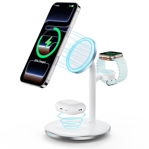RoRoSkin 3 in 1 Induktive Ladestation für mehrere Geräte,15W Kabellos Ladestation,Wireless Charger Kompatibel mit Mag Safe Ladegerät für iPhone 16 15 14 13 Pro Max,iWatch Ultra 2/1,AirPods Weiß