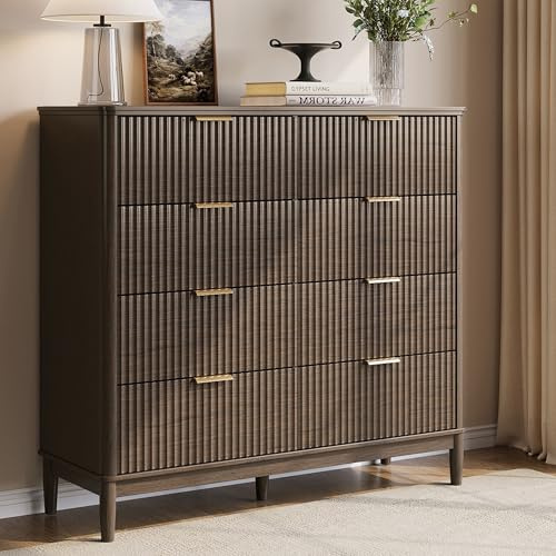 LINSY Fluted 8 Drawer Dresser for Bedroom, 47 Wide Mid-Century Modern Tall Chest of Drawers, Deep Storage Dresser with Curved Corner Design, Large Accent Wood Cabinet for Bedroom, Walnut