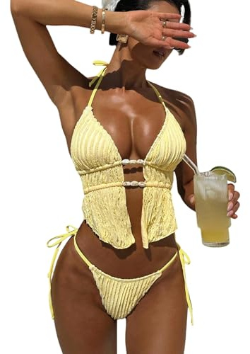 GORGLITTER Triangel Bikini Set Damen Neckholder Bikini Drop Waist Bademode | Zweiteiliger Badeanzug, Bikinihose Mit Knoten, Sommer Strand Outfits Für Damen