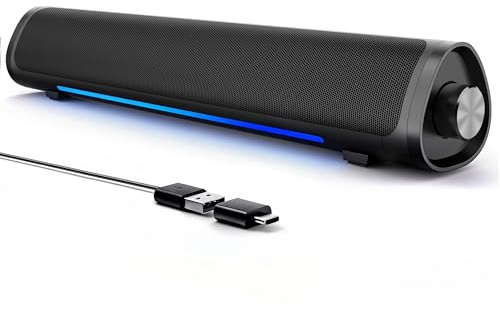 Enceintes d'Ordinateur de Bureau et Gaming, Barre de Son, Plug & Play - Un Port USB pour Audio et Alimentation avec Bluetooth, Éclairage RVB Dégradé, Commande à un Bouton, pour PC/Portable/Téléphone