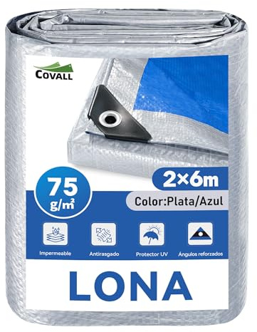 COVALL Tarpaulin 2m x 6m,75gsm Waterproof Groundsheet,Silver & Blue Tarp | Large Tarpaulin Plastic Sheeting UV&Tear Resistant With Reinforced Grommets For Outdoor,Shelter,Camping,Garden,Wood,Car