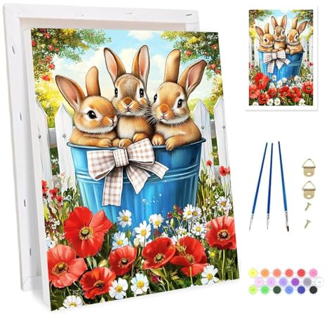 Bowetile påsk tre kaniner inramad måla efter siffror för vuxna, blommor måla efter siffror kit för vuxna nybörjare canvas-kit, gör-det-själv färg oljemålning akrylfärger för hem väggdekor 20 x 30 cm