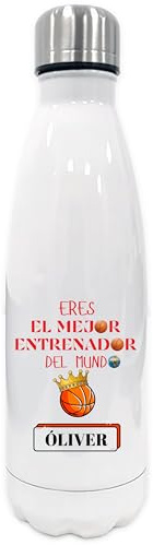 Botella Térmica Personalizada con Nombre para Entrenador/a de Baloncesto, Botella de Agua Color Blanco, Tapa de Acero Inoxidable, Diseño Eres el Mejor Entrenador del Mundo Basket