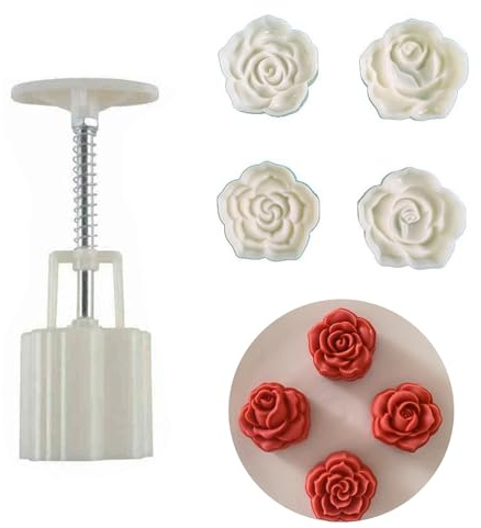 Vctitil - 4 sellos 3D para galletas de 50 g, diseño de pastel de luna de mediados de otoño, diseño de flores de rosa, molde de pastel de luna, molde de pastel de luna, molde de pastel de luna, molde