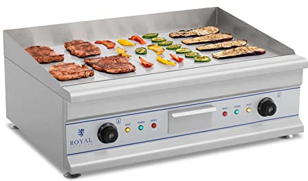 Royal Catering RCG 75 Elektrogrill Tischgrill Grillplatte Gastrogrill Edelstahl (2 x 3200 W, Glatt, Spritzschutz, Ablaufvorrichtung, bis 300 °C, 75 x 52 x 28 cm)