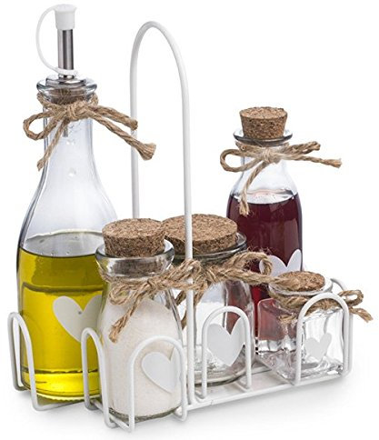 BRANDANI CONDIMENTO CON BARATTOLI TRADIZIONE SET 5 PEZZI IN VETRO CON SUPPORTO BIANCO IN METAL 54280