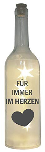 WB wohn trends LED-Flasche mit Motiv, Für Immer im Herzen, grau, 29cm, Flaschen-Licht Glitzer-Flasche Leuchtflasche Lampe mit Text Spruch Trauer-Licht