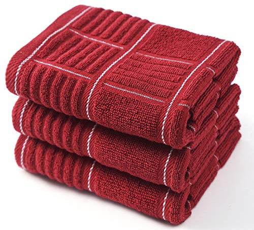 ANYI Kitchen Dish Towels Heavy Duty Absorbent Dish Cloths with Hanging Loop 100% Cotton Tea Bar Towels (16x26, Set of 3, Redwhite)