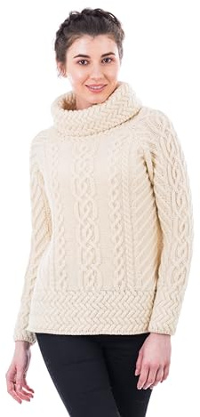 SAOL 100% Merino Wool Irish Fisherman Knitted Funnel Neck Ladies Long Loose Fit Sweater Jumper (Natural, X-Small)