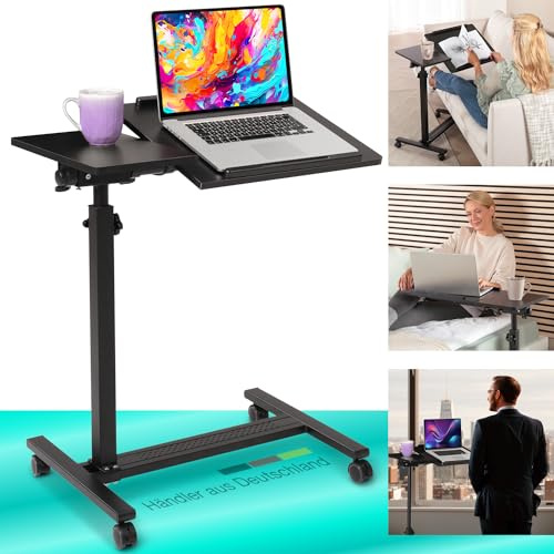 ELONEO mobiler Betttisch auf Rollen, Stehtisch höhenverstellbar/breitenverstellbar, Tischplatte neigbar/klappbar, Bett-Beistelltisch für Krankenbett, Pflegebett, Laptoptisch (Schwarz)
