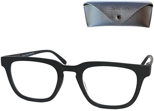 Mini Brille Rechteckige Dicker Rahmen Lesebrille Matt Schwarz Blau mit Etui | Markanter Kunststoffrahmen, rechteckige Gläser, 137 mm Breite, 24 g, mit dunklem Etui